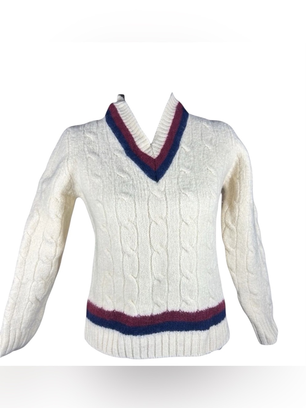 Brooks Brothers Wool Cable-Knit Cricket Sweater V-Neck Ivory XS / S Slim Fit‎